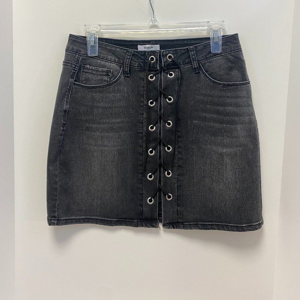 Kensie Jeans Lace Up Black Stretch Denim Mini Skirt